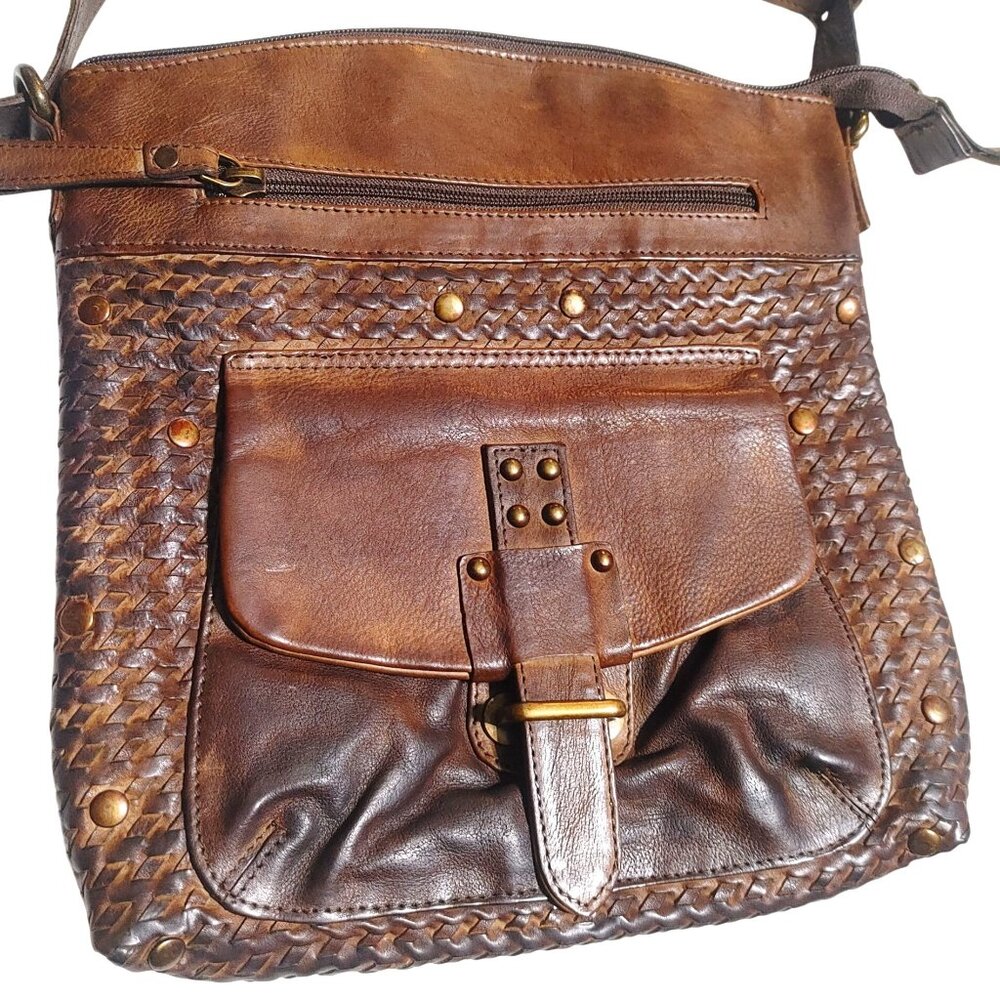 Brown Braided Leather Crossbody Bag Made India Adjustable Front Pocket Buckle